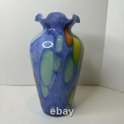 Murano Lavorazione Hand Blown Ruffle Vase Blue Yellow Orange Arte Made Italy MCM