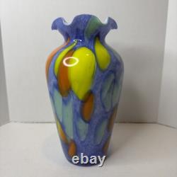 Murano Lavorazione Hand Blown Ruffle Vase Blue Yellow Orange Arte Made Italy MCM