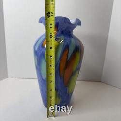 Murano Lavorazione Hand Blown Ruffle Vase Blue Yellow Orange Arte Made Italy MCM