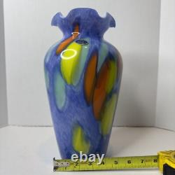Murano Lavorazione Hand Blown Ruffle Vase Blue Yellow Orange Arte Made Italy MCM
