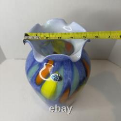 Murano Lavorazione Hand Blown Ruffle Vase Blue Yellow Orange Arte Made Italy MCM