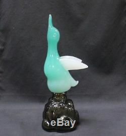 Murano Luxardo Glass hand Blown Decanter Green Bird on Smoked Glass Rock