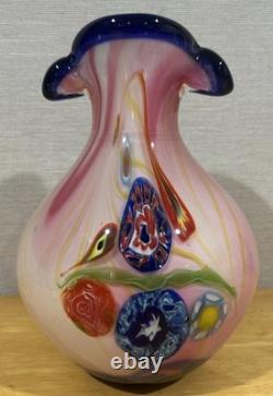 Murano Millefiori Style Art Hand Blown Glass Vase Pink Swirl 10 Tall 8 Lbs