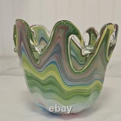 Murano Multicolor Hand Blown Art Glass Vase Swirl Pattern Italy Decorative
