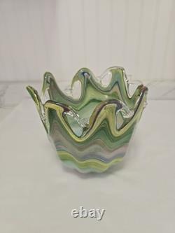 Murano Multicolor Hand Blown Art Glass Vase Swirl Pattern Italy Decorative