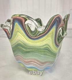 Murano Multicolor Hand Blown Art Glass Vase Swirl Pattern Italy Decorative