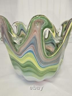 Murano Multicolor Hand Blown Art Glass Vase Swirl Pattern Italy Decorative
