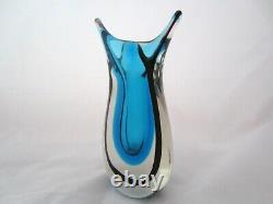 Murano Oball sommerso blue with black stripe fishtail art glass bud vase signed