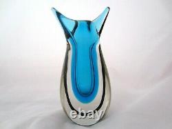 Murano Oball sommerso blue with black stripe fishtail art glass bud vase signed