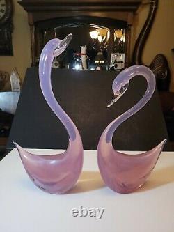 Murano Opalescent Pink Swans By Elio Raffaeli. Beautiful Mid Century. 17 & 15