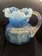 Murano Opaline Blue Art Glass Pitcher Hand Blown Melon Ribbed Jug Crimped