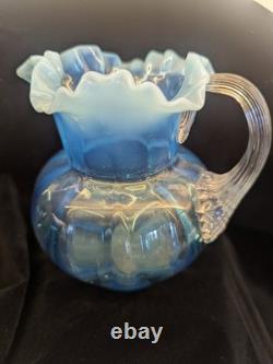 Murano Opaline Blue Art Glass Pitcher Hand Blown Melon Ribbed Jug Crimped