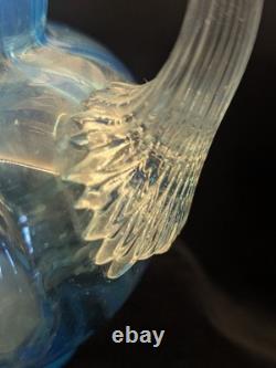 Murano Opaline Blue Art Glass Pitcher Hand Blown Melon Ribbed Jug Crimped