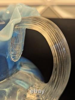 Murano Opaline Blue Art Glass Pitcher Hand Blown Melon Ribbed Jug Crimped