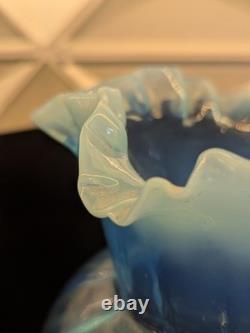 Murano Opaline Blue Art Glass Pitcher Hand Blown Melon Ribbed Jug Crimped