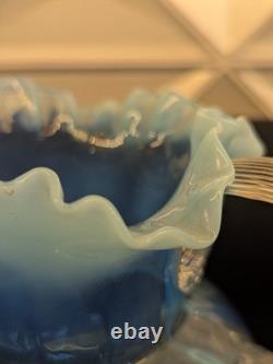 Murano Opaline Blue Art Glass Pitcher Hand Blown Melon Ribbed Jug Crimped
