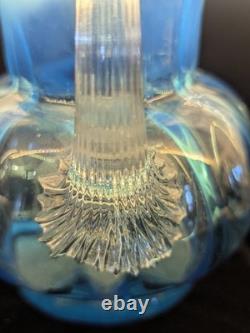 Murano Opaline Blue Art Glass Pitcher Hand Blown Melon Ribbed Jug Crimped