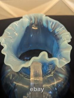 Murano Opaline Blue Art Glass Pitcher Hand Blown Melon Ribbed Jug Crimped