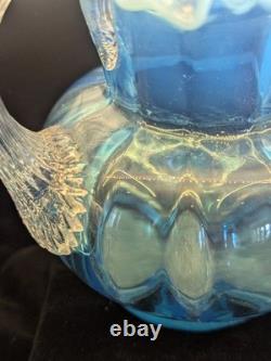 Murano Opaline Blue Art Glass Pitcher Hand Blown Melon Ribbed Jug Crimped