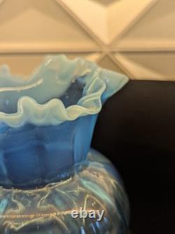 Murano Opaline Blue Art Glass Pitcher Hand Blown Melon Ribbed Jug Crimped
