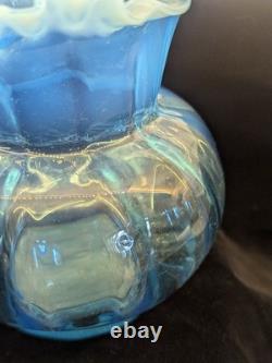 Murano Opaline Blue Art Glass Pitcher Hand Blown Melon Ribbed Jug Crimped