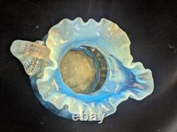 Murano Opaline Blue Art Glass Pitcher Hand Blown Melon Ribbed Jug Crimped