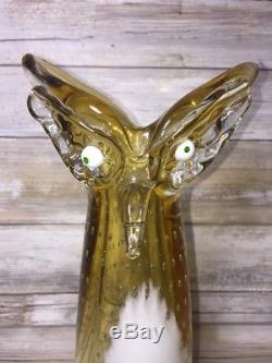 Murano Owl Vase Amber Art Glass Sculpture Hand Blown Mid Century Heavy Figure