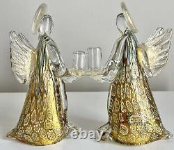 Murano Pair Of 2 Hand-blown Art Glass Angel Candle Holders Millefori Gold