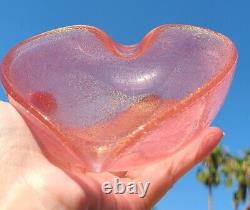 Murano Pink & Gold Flecks Italian Art Glass Heart Shaped Bowl, Hand Blown Dish