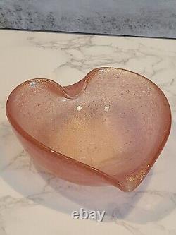 Murano Pink & Gold Flecks Italian Art Glass Heart Shaped Bowl, Hand Blown Dish