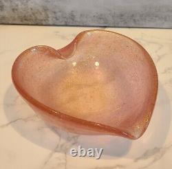 Murano Pink & Gold Flecks Italian Art Glass Heart Shaped Bowl, Hand Blown Dish