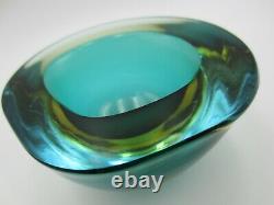 Murano Poli Seguso era green amber watery ice blue art glass triangle geode bowl