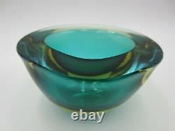 Murano Poli Seguso era green amber watery ice blue art glass triangle geode bowl