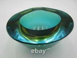 Murano Poli Seguso era green amber watery ice blue art glass triangle geode bowl
