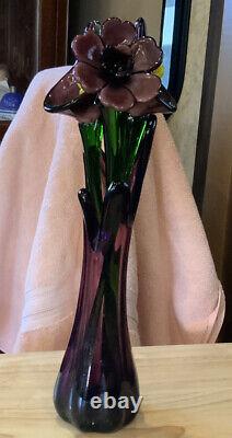 Murano Purple Hand Blown Glass Vase and Flowers