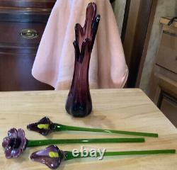 Murano Purple Hand Blown Glass Vase and Flowers