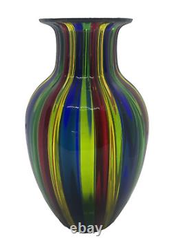 Murano Rainbow Ribbon Striped Round Vase MCM Hand Blown withOriginal Sticker