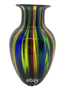 Murano Rainbow Ribbon Striped Round Vase MCM Hand Blown withOriginal Sticker