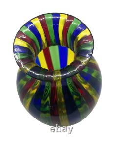 Murano Rainbow Ribbon Striped Round Vase MCM Hand Blown withOriginal Sticker