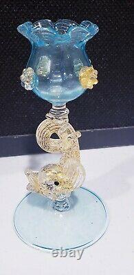 Murano Salviati Gold Flakes Blue Art Glass Yellow Blown Dolphin Candleholder