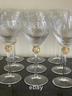 Murano Salviati Moretti Venetian 12 Hand Blown Swirl Gold Flake Wine Glasses