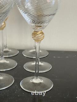 Murano Salviati Moretti Venetian 12 Hand Blown Swirl Gold Flake Wine Glasses