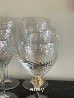 Murano Salviati Moretti Venetian 12 Hand Blown Swirl Gold Flake Wine Glasses