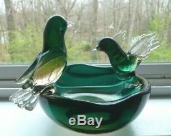 Murano Seguso Bird Bath Sommerso Glass Bowl with 2 Birds