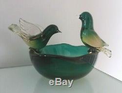 Murano Seguso Bird Bath Sommerso Glass Bowl with 2 Birds