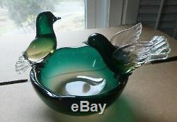 Murano Seguso Bird Bath Sommerso Glass Bowl with 2 Birds