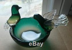 Murano Seguso Bird Bath Sommerso Glass Bowl with 2 Birds