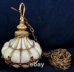 Murano Seguso Hand Blown Amber Brass Cage Ivory Glass Hanging Light Plug-in Lamp