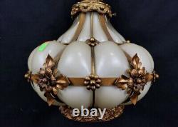 Murano Seguso Hand Blown Amber Brass Cage Ivory Glass Hanging Light Plug-in Lamp