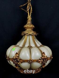 Murano Seguso Hand Blown Amber Brass Cage Ivory Glass Hanging Light Plug-in Lamp